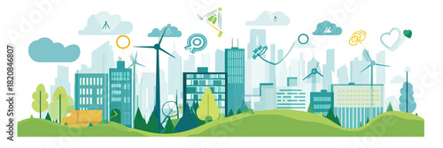 Sustainable cityscape with wind turbines green energy eco friendly buildings environmental technology urban landscape flat vector illustration