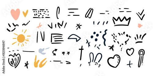 Hand drawn marker doodle set with hearts, arrows, sun, crown, abstract lines, and scribbles for creative highlight and emphasis design elements vector illustration