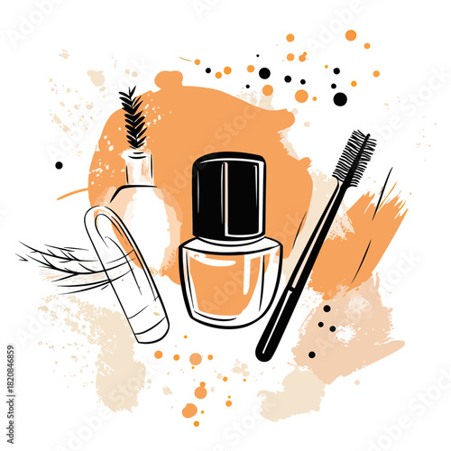 Hand drawn beauty makeup vector illustration with mascara brush, nail polish bottle, lipstick, and cosmetic cream jar on abstract paint splatter background