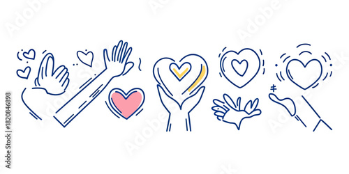 Hand drawn doodle line art hearts and hands symbols for charity donation, love community support, care giving, partnership, and solidarity concept vector illustration