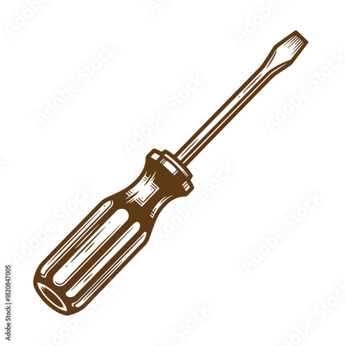 Detailed sketch illustration of a brown flathead screwdriver isolated on a white background