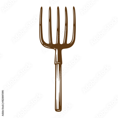 Detailed sketch illustration of a brown pitchfork agricultural tool for farming and gardening