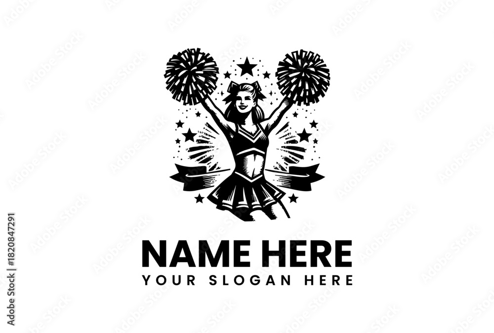 Obraz premium Energetic Cheerleader Mascot vector logo illustration for sports teams, school spirit, and athletic club branding