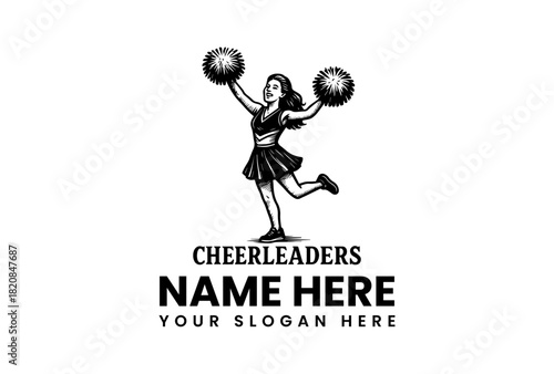 Energetic Vintage Style Female Cheerleader with Pom-Poms Vector Logo Illustration for Sports Teams and Spirit Clubs Branding