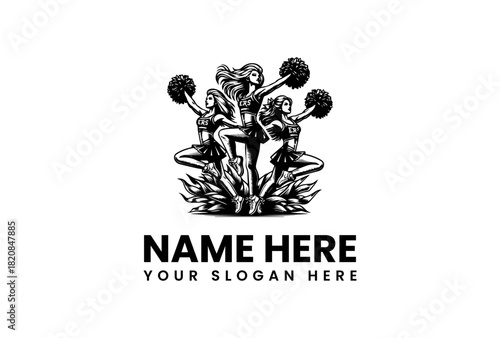 Dynamic Vintage Cheerleading Team Vector Logo Illustration Featuring Three Stylized Female Performers with Pom-Poms for Sports and Entertainment Branding