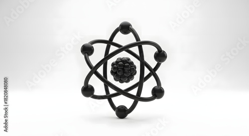 Fototapeta Naklejka Na Ścianę i Meble -  Minimalist 3d illustration of a black atom structure with nucleus and orbiting electrons on white