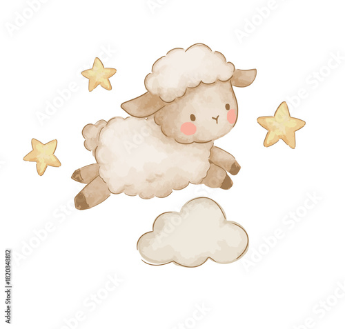 Hand drawn cute sheep jumping over cloud and stars kids print vector art