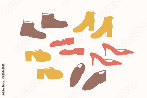 Shoes doodle on isolated background. Hand drawn sketch of men's footgear, women's pumps, ballet flats, clogs, ankle boots. Shoe repair shop, vintage footwear, boot store. Vector illustration