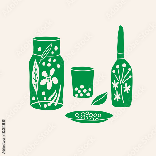 Homeopathy medicines. Aesthetic Illustration of jars of alternative herbal medicine pills, plants. Heals and phyto. Vector on isolated background. Design elements for label, card, logo, sign, card