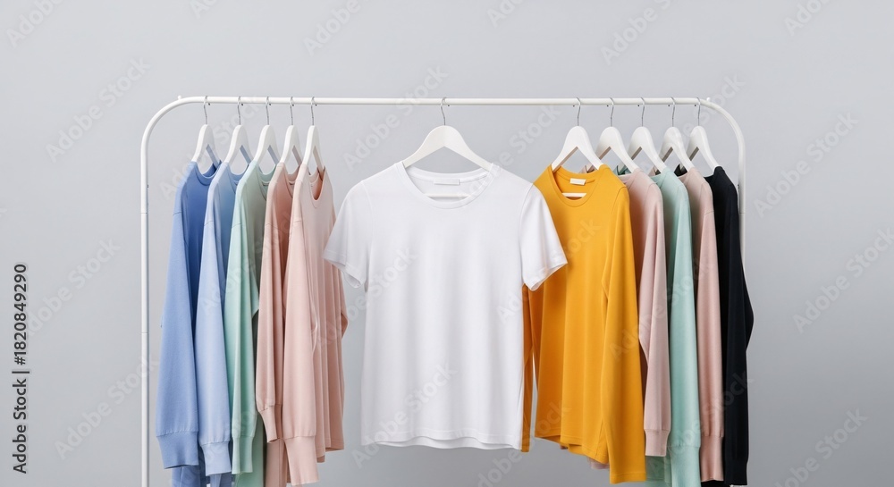 Obraz premium Organized Clothing Rack Collection Stylish Apparel Display Wardrobe Essentials Minimalist Fashion Choices Retail Ready Garments Trendy Clothes Fresh Look Seasonal Style