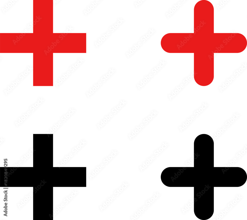 Obraz premium Plus add icon set. Positive sign. Horizontal line with vertical bar, plus symbol inside circle outline and solid for add actions, increase functions, quantity adjustment, controls. Vector PNG JPG