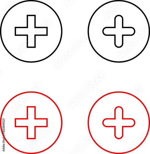 Plus add icon set. Positive sign. Horizontal line with vertical bar, plus symbol inside circle outline and solid for add actions, increase functions, quantity adjustment, controls. Vector PNG JPG