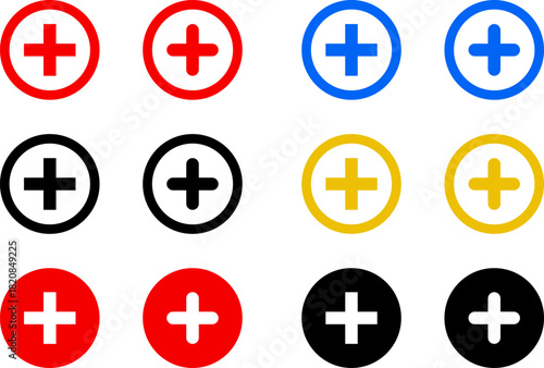 Plus add icon set. Positive sign. Horizontal line with vertical bar, plus symbol inside circle outline and solid for add actions, increase functions, quantity adjustment, controls. Vector PNG JPG
