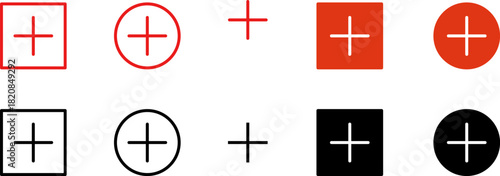 Plus add icon set. Positive sign. Horizontal line with vertical bar, plus symbol inside circle outline and solid for add actions, increase functions, quantity adjustment, controls. Vector PNG JPG