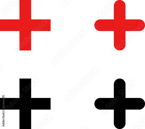 Plus add icon set. Positive sign. Horizontal line with vertical bar, plus symbol inside circle outline and solid for add actions, increase functions, quantity adjustment, controls. Vector PNG JPG