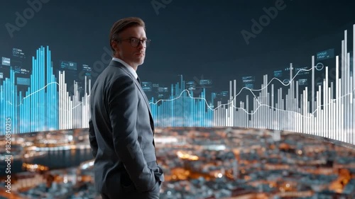 Strategic Vision: An authoritative professional, exuding confidence, surveys the landscape of global markets, with holographic data visualizations revealing business insights and opportunities.