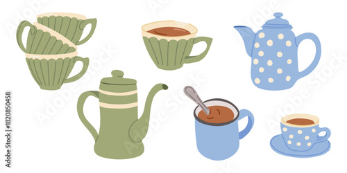 A cozy set of teacups, mugs and kettles in soft colors creates a warm and inviting illustration. The concept represents comfort, hygge atmosphere and relaxing tea time