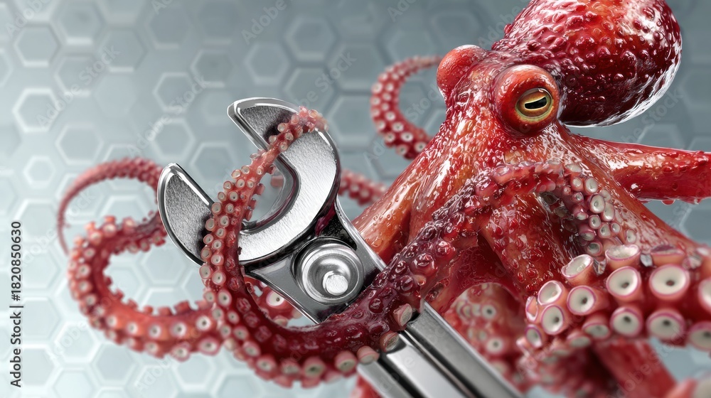 Fototapeta premium Realistic Octopus Holds Wrench and Nut to Symbolize Innovative Engineering Services for Industrial Applications
