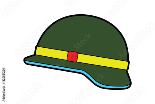 A stylized illustration of a military helmet featuring a green shell, yellow band, and red accent.