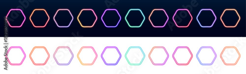 Hexagon neon frame glows with iridescent gradient. Smooth luminous edges shine on black background. Perfect for futuristic posters or digital designs. PNG