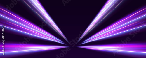 Fast electric trails stretch across a dark urban highway. Bright neon streaks simulate motion and speed. Ideal for automotive or digital speed-themed graphics.