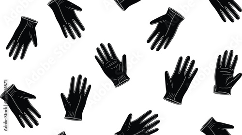 Seamless modern pattern featuring repeatedly scattered utility or work gloves with high-contrast black and electric blue outlines, suitable for safety, fashion textile prints, industrial backgrounds, 