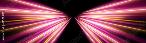 Bright yellow and pink neon trails twist like DNA strands across a digital grid. Glowing lines create motion and connectivity. Perfect for data flow and futuristic visuals.