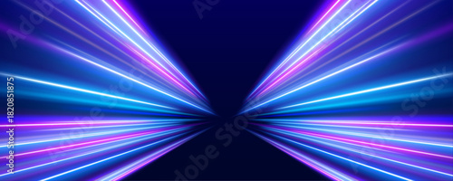 Blue neon light streaks twist across a dark city street. Motion blur creates a high-speed futuristic vibe. Perfect for digital sci-fi backgrounds and racing visuals.