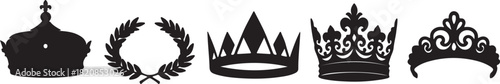 Collection of eight unique black crown icons and symbols on a transparent background