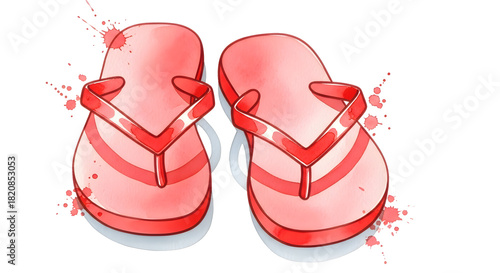 Watercolor illustration of a pair of bright red flip-flops with splash details, perfect for summer.