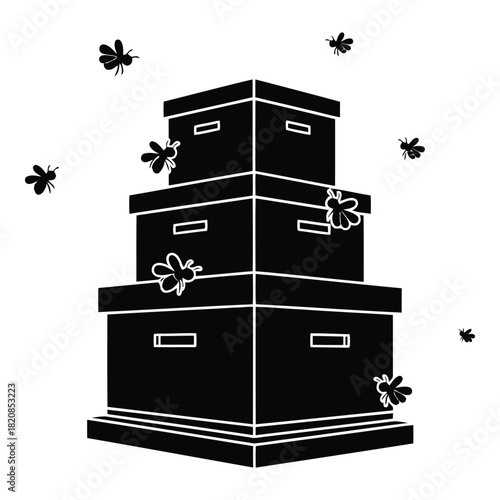 Beehive Silhouette Illustration, Black and White Bee Farm Design, Honey Production Vector Graphic