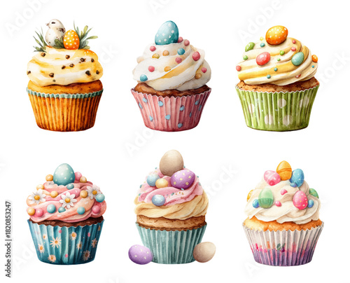 Easter dessert collection featuring cupcakes with dripping cream, chocolate eggs, sprinkles, and sugary treats in watercolor style.