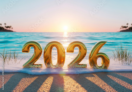 New Year 2026 celebration with golden 3d numbers on tropical beach sand