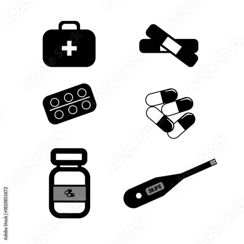 Medical Icons Set – First Aid Kit, Pills, Medicine Bottle, Bandages, and Thermometer