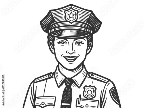 smiling female police officer in uniform and hat, law enforcement, public service, and authority sketch engraving generative ai fictional character vector illustration. Scratch board. Black and white.