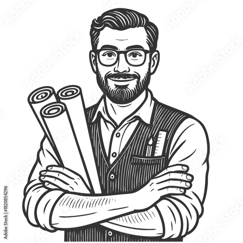 male architect with rolled-up plans and tools, representing design and construction sketch engraving generative ai fictional character vector illustration. Scratch board imitation. Black and white.