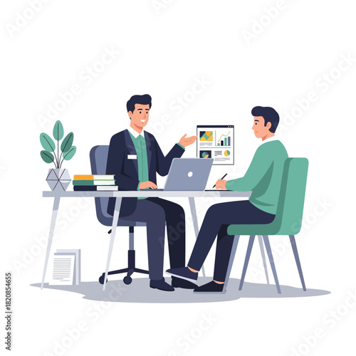 Two businessmen in a professional meeting discussing data analytics and charts on a screen in a modern office.