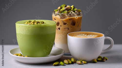 Green matcha latte with pistachio nuts, iced coffee topped with pistachios, and cup of latte art on gray background