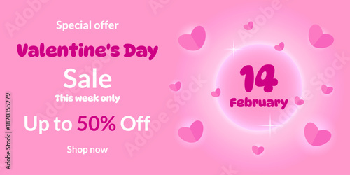 Soft pink Valentine’s Day banner with glowing hearts and “14 February” text. Perfect for seasonal ads, website headers, social media promotions and holiday marketing.
