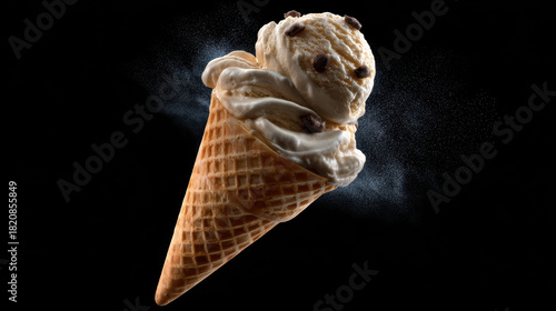 Ice cream cone with creamy vanilla scoop and chocolate chips on black background with soft mist