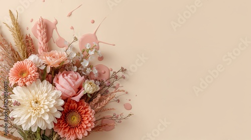 Bouquet flowers on light tan color on blush background scheme, code, neutral tones. Make it look like there paint