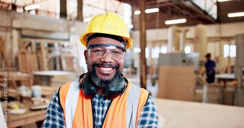 Wallpaper Mural Face, black man and carpenter with smile in warehouse for career pride, about us or manufacturing. Portrait, mature artisan and safety gear for furniture production, restoration and maintenance skill Torontodigital.ca