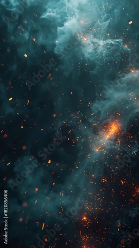 Vertical banner, wallpaper for social media of Cinematic platform banner for Theme: fusion of nature and technology steam, sparks, mist, metal textures, light rays. Mood: futuristic yet organic