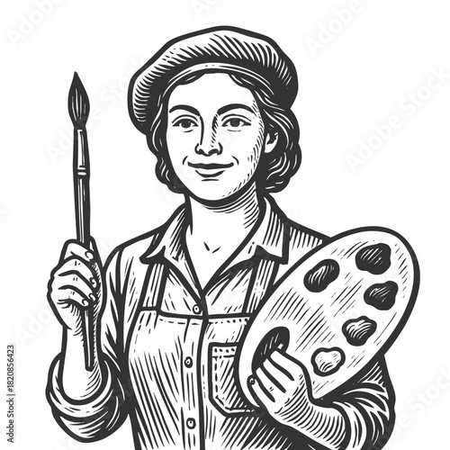 woman artist in apron and headband holding a paint palette and large brush confidently sketch engraving generative ai fictional character vector illustration. Scratch board. Black and white image.