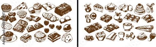 Chocolate Illustration Art, Dessert Line Drawing, Hand Drawn Chocolate Vector, Sweet Food Artwork, Gourmet Dessert Design, Black and White Chocolate Sketch, Elegant Dessert Vector, Candy Illustration 