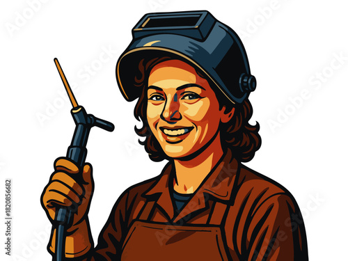 cheerful female welder wearing a protective helmet and apron while holding a welding torch, symbolizing skilled labor and industry. Generative ai vector colorful pop art illustration.
