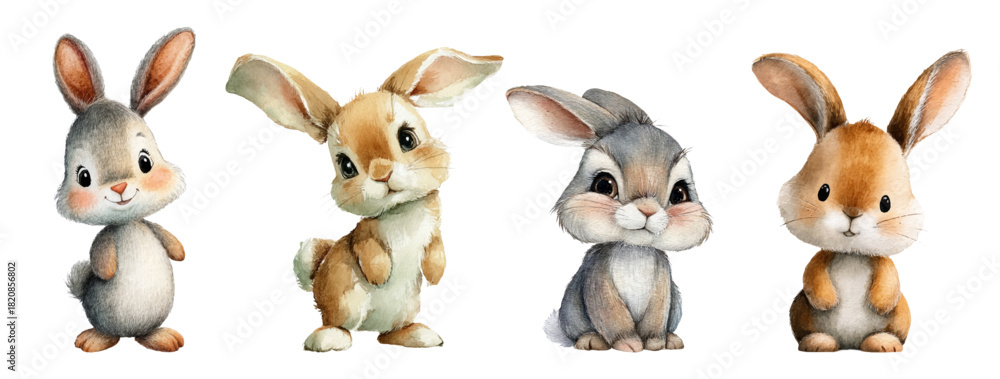 Naklejka premium Watercolor cartoon bunny set with adorable poses — cute Easter rabbit characters in spring colors. Pet hare illustrations featuring baby animals, brown and white fur, isolated on background.