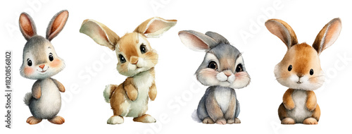 Watercolor cartoon bunny set with adorable poses — cute Easter rabbit characters in spring colors. Pet hare illustrations featuring baby animals, brown and white fur, isolated on background.
