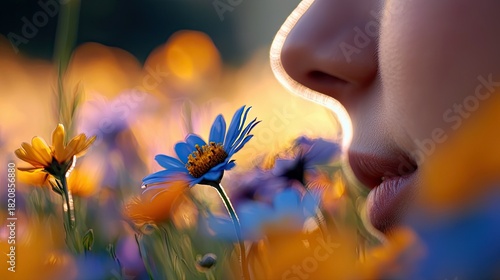 Fototapeta Naklejka Na Ścianę i Meble -  Close-up of a woman's face as she inhales the scent of colorful wildflowers in a meadow during a warm sunset.