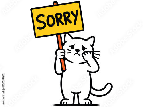 A sad white cat holding a "SORRY" sign, with a tear rolling down its cheek, conveying a sense of apology and remorse.